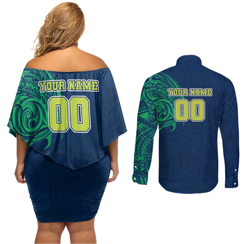 Personalized Canberra Raiders Couples Matching Off Shoulder Short Dress and Long Sleeve Button Shirt Polynesian Tribal Chest and Sleeve Tattoo