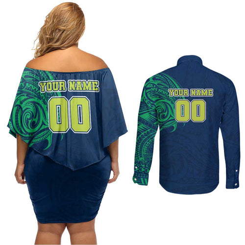 Personalized Canberra Raiders Couples Matching Off Shoulder Short Dress and Long Sleeve Button Shirt Polynesian Tribal Chest and Sleeve Tattoo