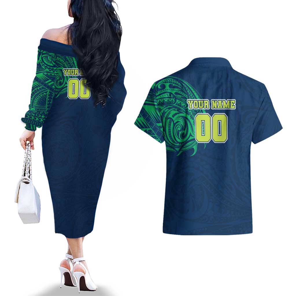 Personalized Canberra Raiders Couples Matching Off The Shoulder Long Sleeve Dress and Hawaiian Shirt Polynesian Tribal Chest and Sleeve Tattoo