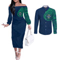 Personalized Canberra Raiders Couples Matching Off The Shoulder Long Sleeve Dress and Long Sleeve Button Shirt Polynesian Tribal Chest and Sleeve Tattoo
