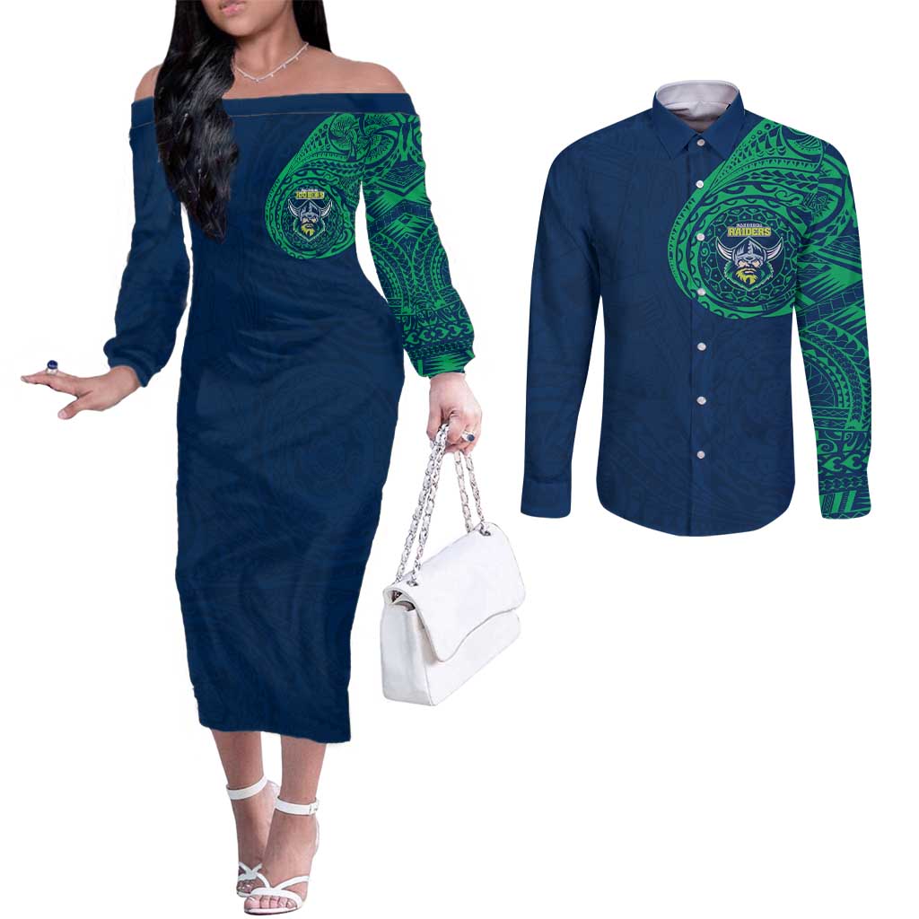 Personalized Canberra Raiders Couples Matching Off The Shoulder Long Sleeve Dress and Long Sleeve Button Shirt Polynesian Tribal Chest and Sleeve Tattoo