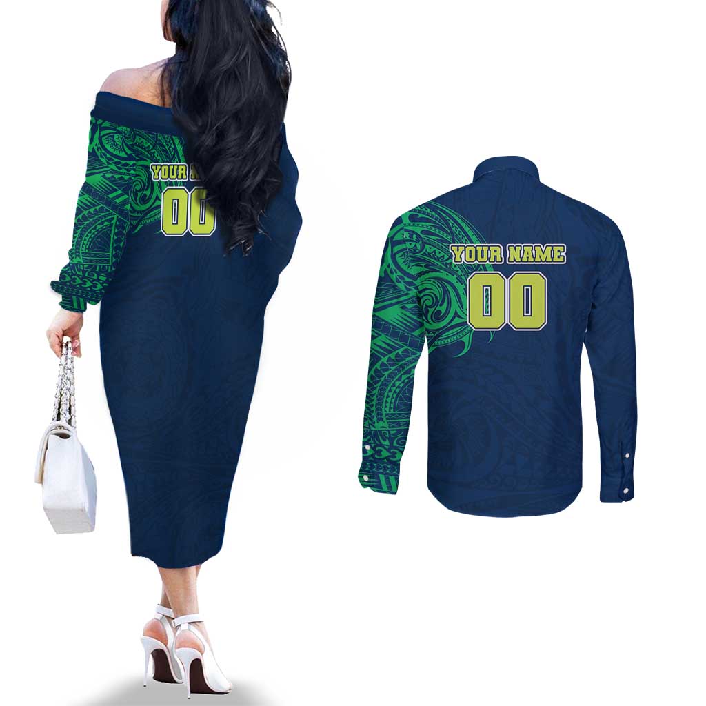 Personalized Canberra Raiders Couples Matching Off The Shoulder Long Sleeve Dress and Long Sleeve Button Shirt Polynesian Tribal Chest and Sleeve Tattoo