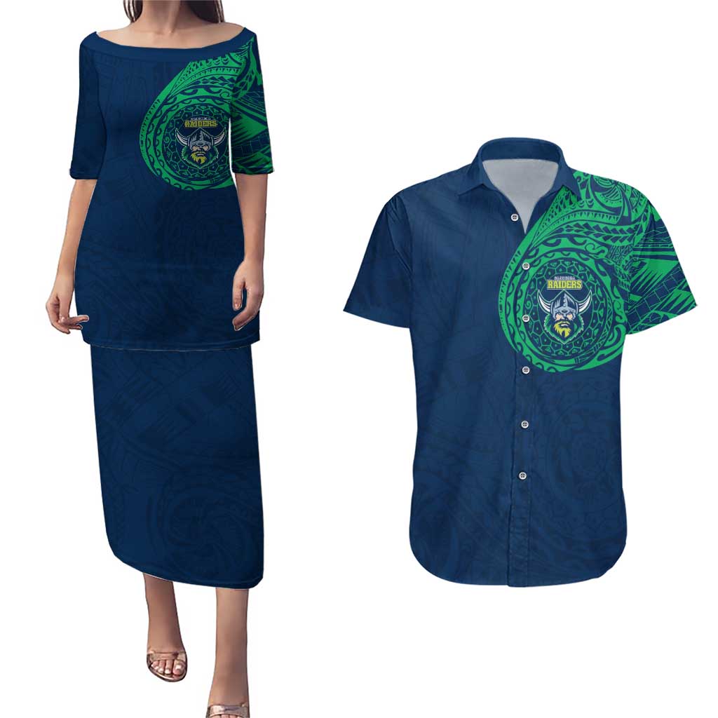 Personalized Canberra Raiders Couples Matching Puletasi and Hawaiian Shirt Polynesian Tribal Chest and Sleeve Tattoo