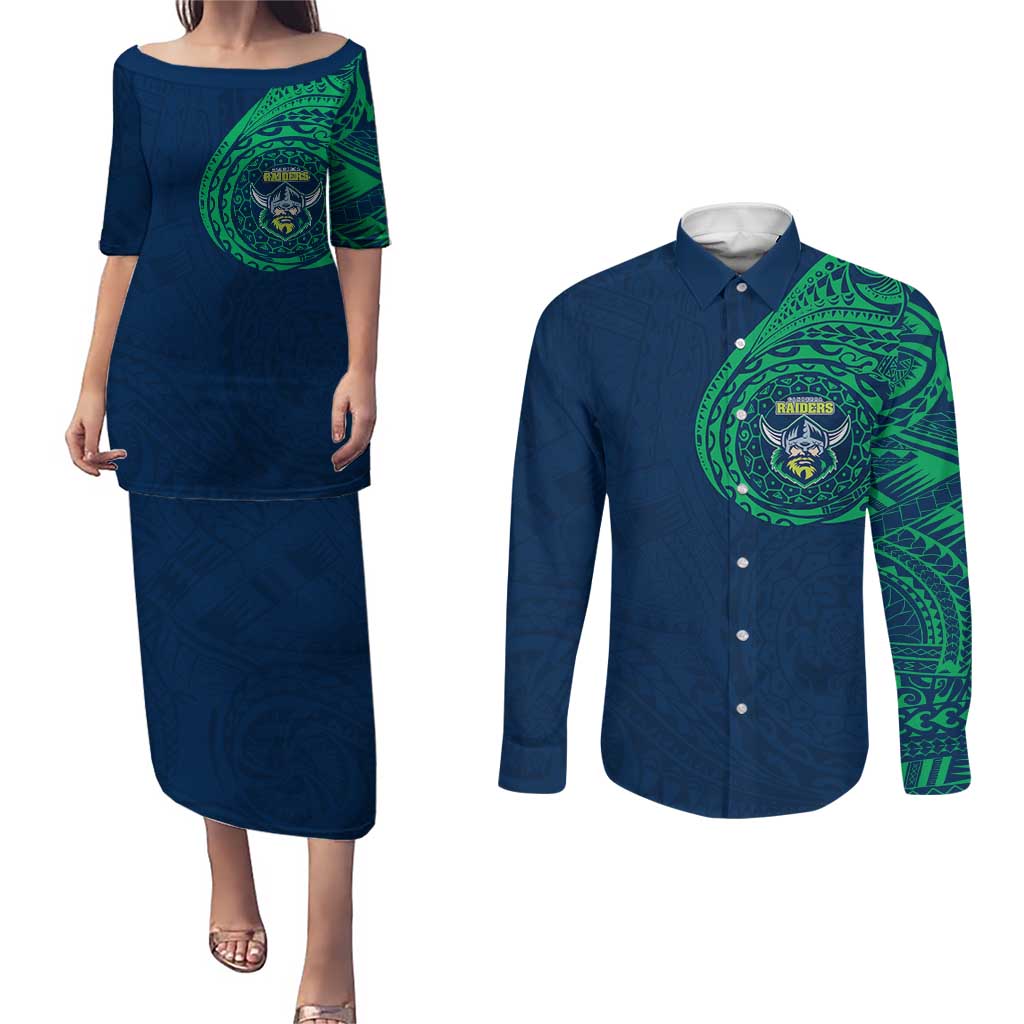 Personalized Canberra Raiders Couples Matching Puletasi and Long Sleeve Button Shirt Polynesian Tribal Chest and Sleeve Tattoo