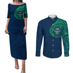 Personalized Canberra Raiders Couples Matching Puletasi and Long Sleeve Button Shirt Polynesian Tribal Chest and Sleeve Tattoo