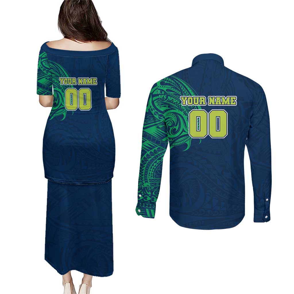Personalized Canberra Raiders Couples Matching Puletasi and Long Sleeve Button Shirt Polynesian Tribal Chest and Sleeve Tattoo