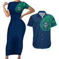 Personalized Canberra Raiders Couples Matching Short Sleeve Bodycon Dress and Hawaiian Shirt Polynesian Tribal Chest and Sleeve Tattoo