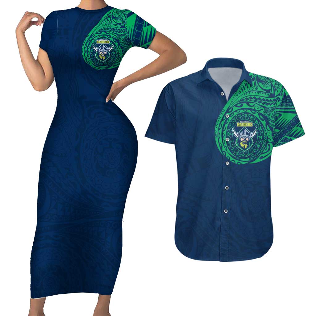 Personalized Canberra Raiders Couples Matching Short Sleeve Bodycon Dress and Hawaiian Shirt Polynesian Tribal Chest and Sleeve Tattoo