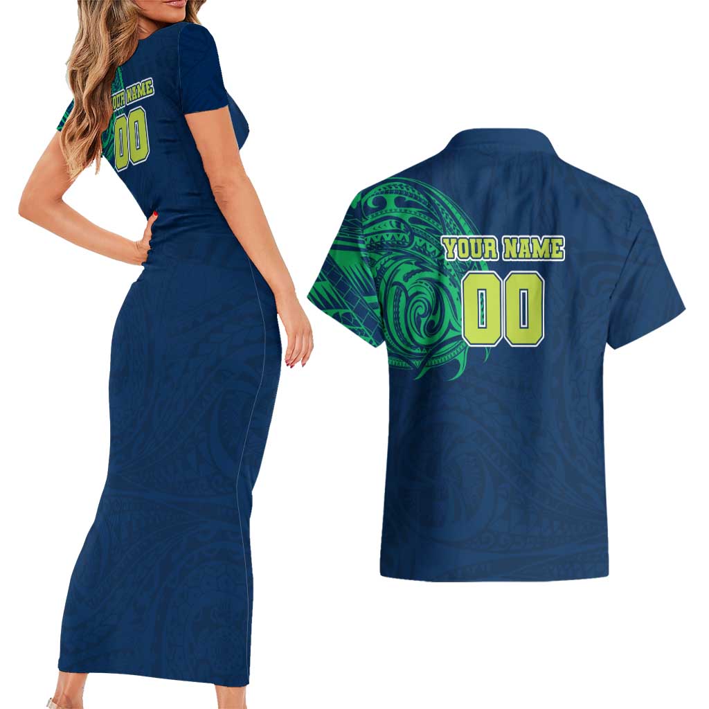 Personalized Canberra Raiders Couples Matching Short Sleeve Bodycon Dress and Hawaiian Shirt Polynesian Tribal Chest and Sleeve Tattoo