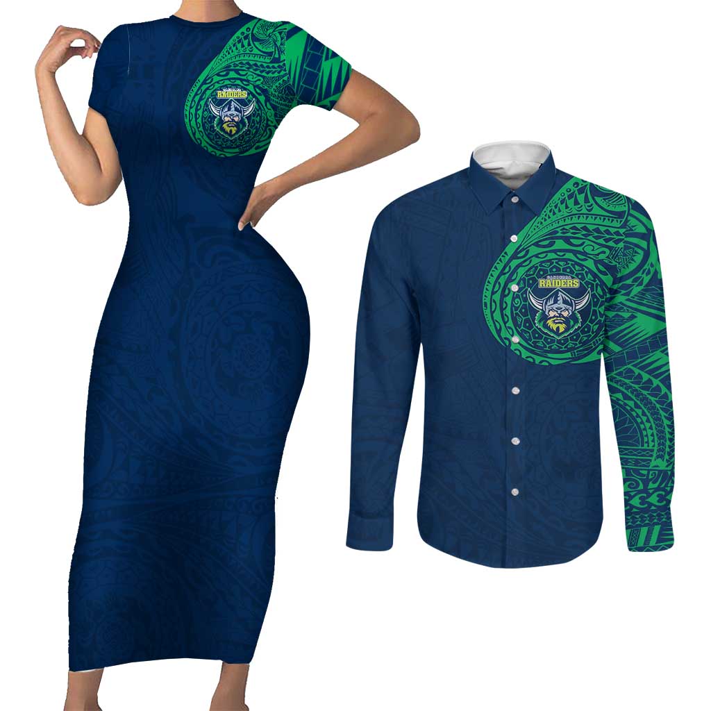 Personalized Canberra Raiders Couples Matching Short Sleeve Bodycon Dress and Long Sleeve Button Shirt Polynesian Tribal Chest and Sleeve Tattoo