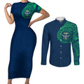 Personalized Canberra Raiders Couples Matching Short Sleeve Bodycon Dress and Long Sleeve Button Shirt Polynesian Tribal Chest and Sleeve Tattoo