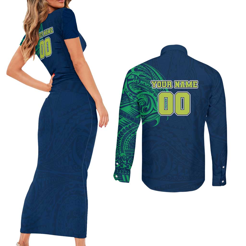 Personalized Canberra Raiders Couples Matching Short Sleeve Bodycon Dress and Long Sleeve Button Shirt Polynesian Tribal Chest and Sleeve Tattoo