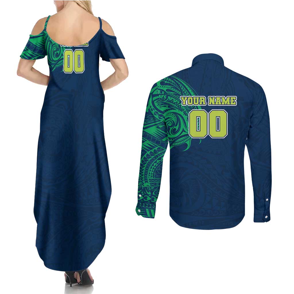 Personalized Canberra Raiders Couples Matching Summer Maxi Dress and Long Sleeve Button Shirt Polynesian Tribal Chest and Sleeve Tattoo