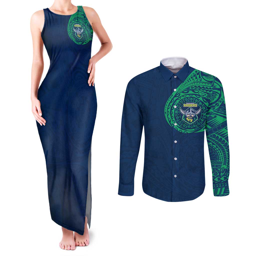 Personalized Canberra Raiders Couples Matching Tank Maxi Dress and Long Sleeve Button Shirt Polynesian Tribal Chest and Sleeve Tattoo