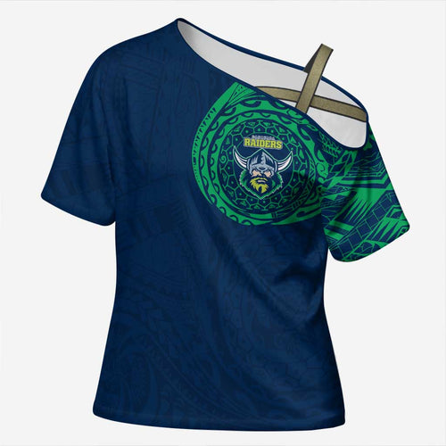 Personalized Canberra Raiders Cross Shoulder Shirt Polynesian Tribal Chest and Sleeve Tattoo