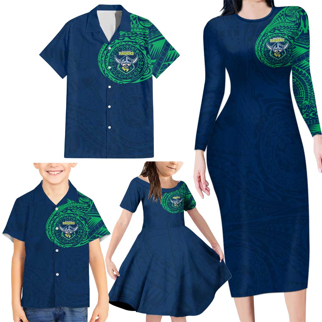 Personalized Canberra Raiders Family Matching Long Sleeve Bodycon Dress and Hawaiian Shirt Polynesian Tribal Chest and Sleeve Tattoo