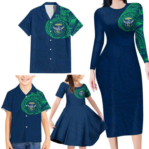 Personalized Canberra Raiders Family Matching Long Sleeve Bodycon Dress and Hawaiian Shirt Polynesian Tribal Chest and Sleeve Tattoo