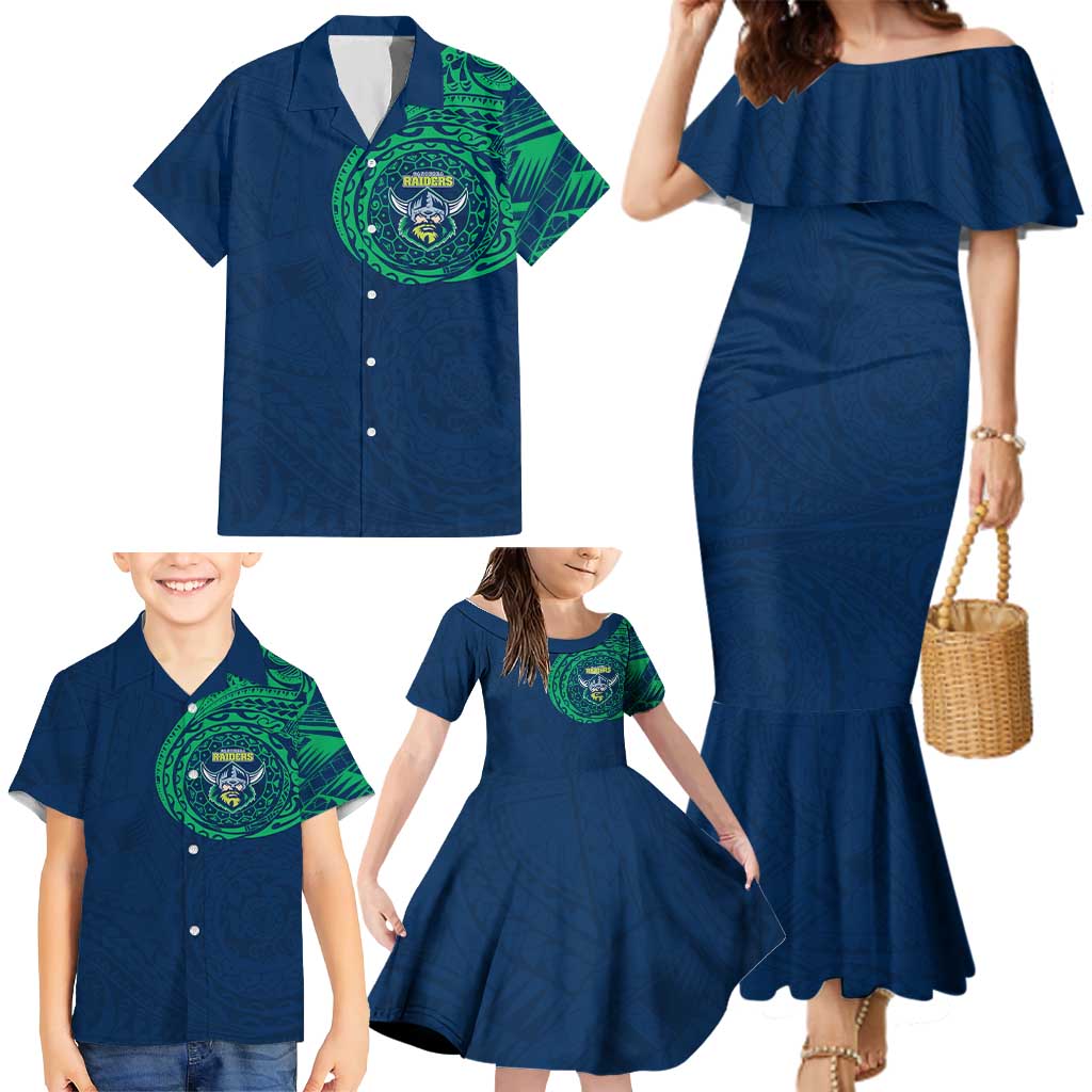 Personalized Canberra Raiders Family Matching Mermaid Dress and Hawaiian Shirt Polynesian Tribal Chest and Sleeve Tattoo