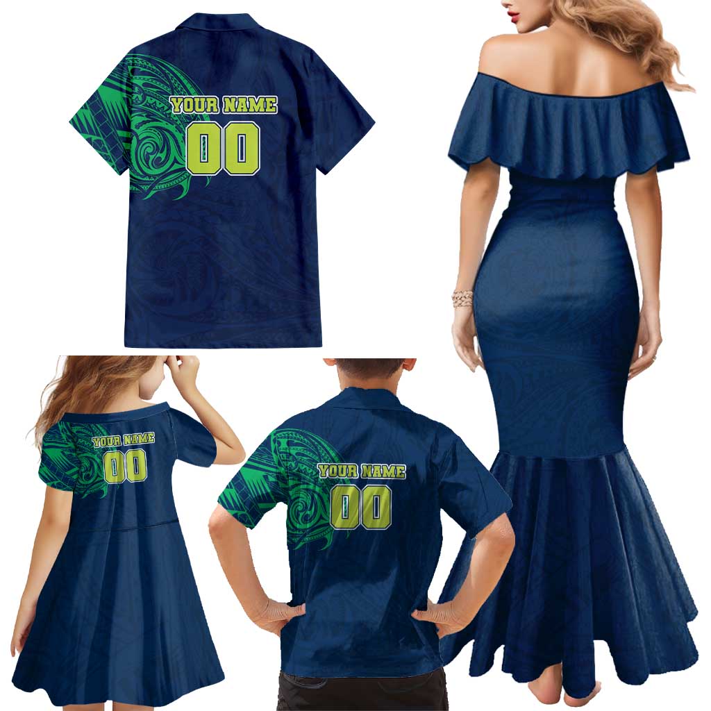 Personalized Canberra Raiders Family Matching Mermaid Dress and Hawaiian Shirt Polynesian Tribal Chest and Sleeve Tattoo