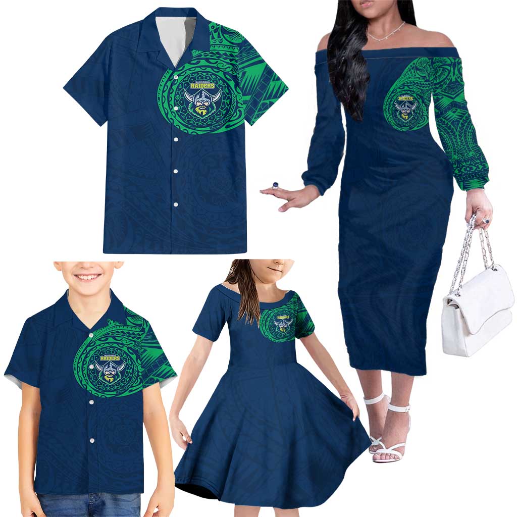 Personalized Canberra Raiders Family Matching Off The Shoulder Long Sleeve Dress and Hawaiian Shirt Polynesian Tribal Chest and Sleeve Tattoo