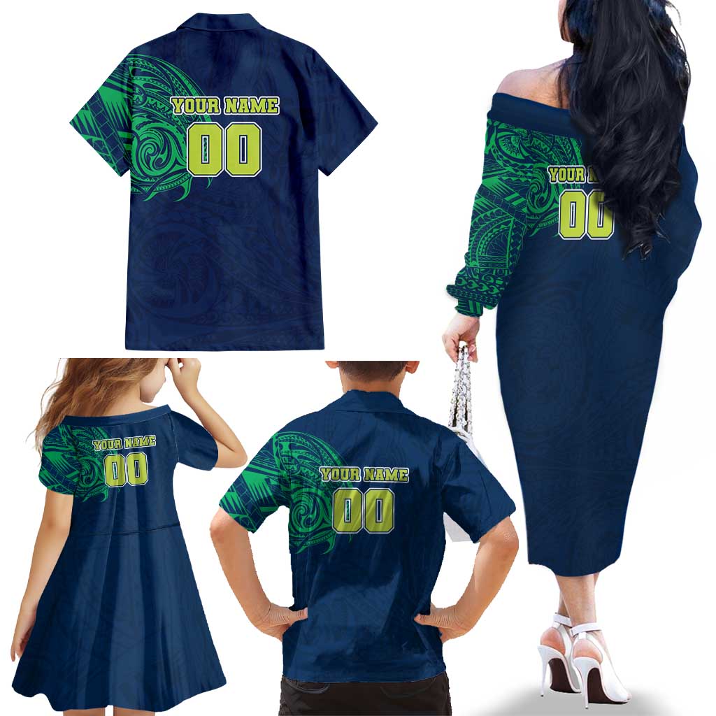 Personalized Canberra Raiders Family Matching Off The Shoulder Long Sleeve Dress and Hawaiian Shirt Polynesian Tribal Chest and Sleeve Tattoo