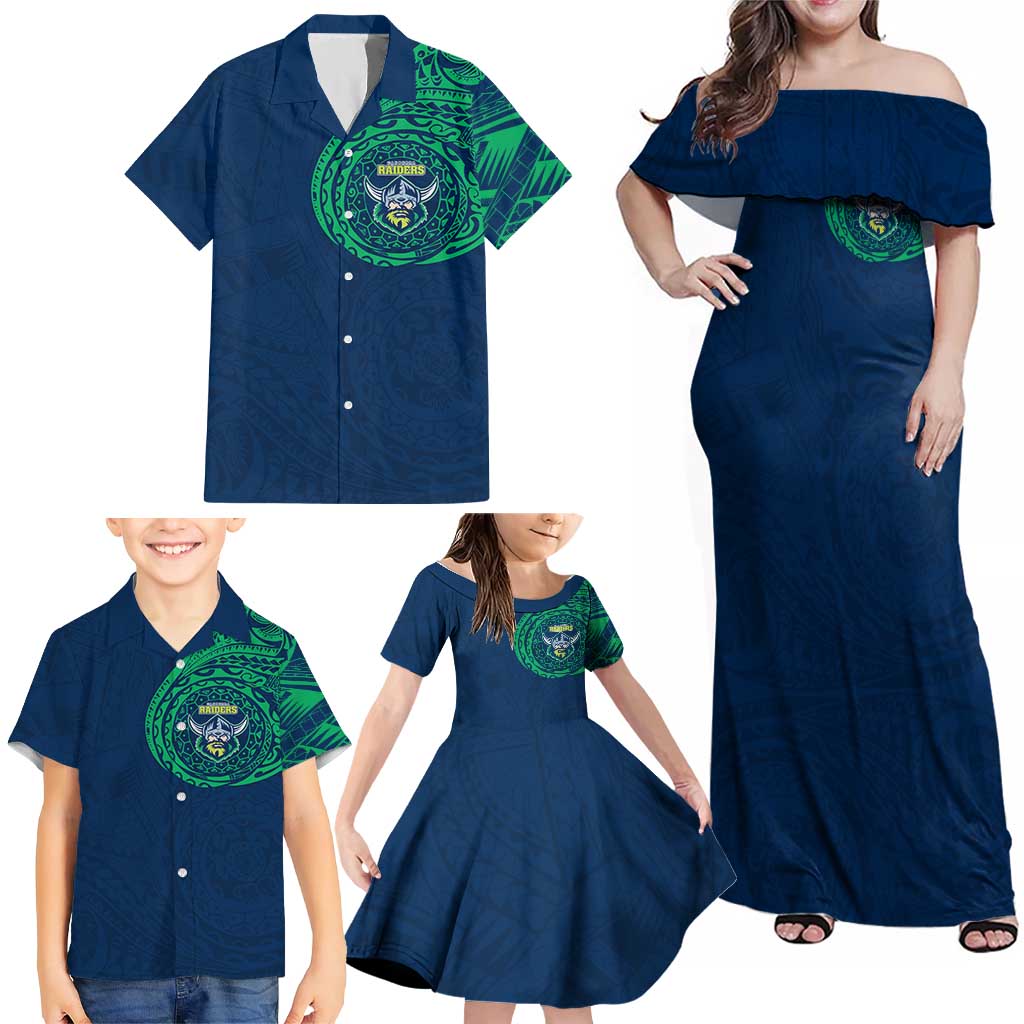 Personalized Canberra Raiders Family Matching Off Shoulder Maxi Dress and Hawaiian Shirt Polynesian Tribal Chest and Sleeve Tattoo