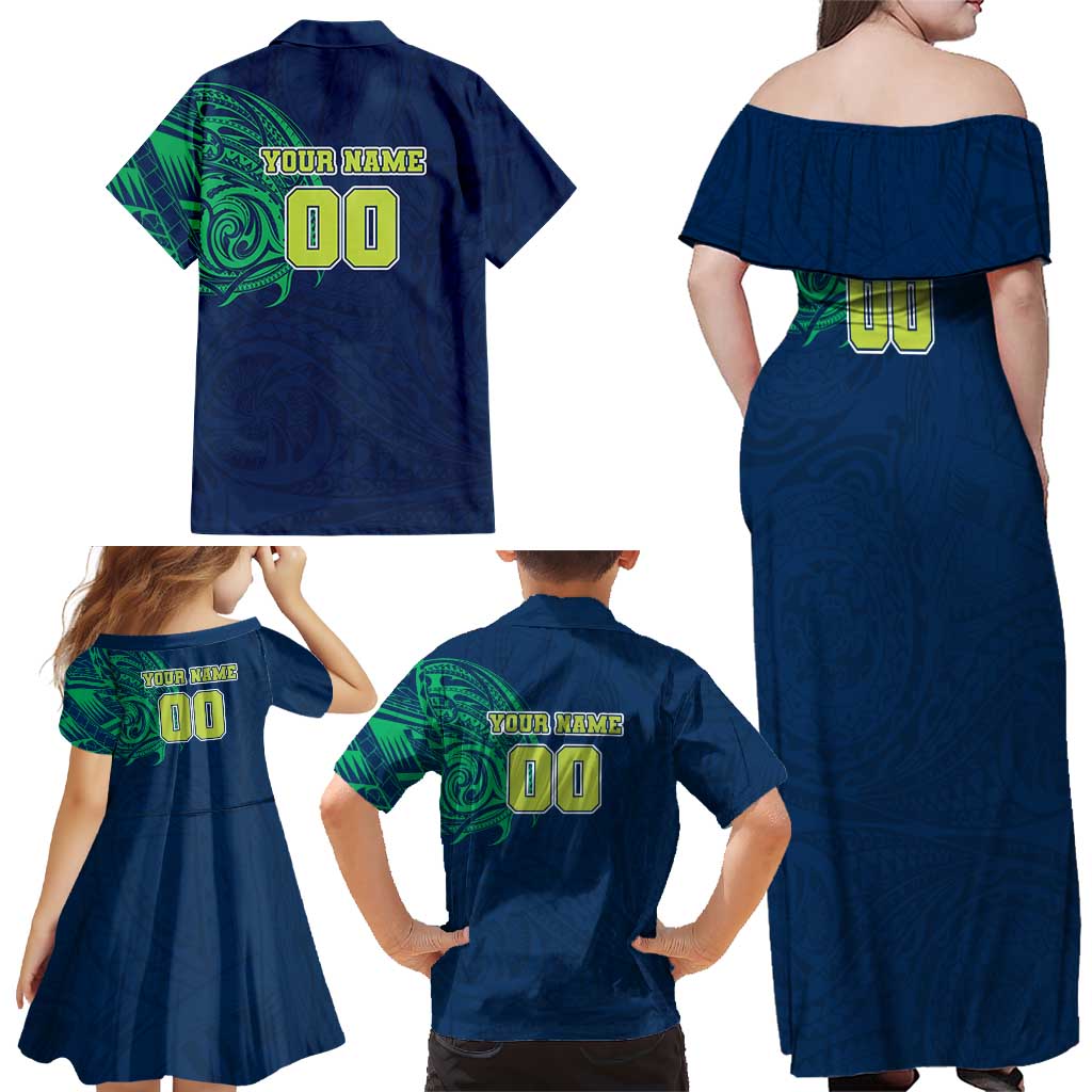 Personalized Canberra Raiders Family Matching Off Shoulder Maxi Dress and Hawaiian Shirt Polynesian Tribal Chest and Sleeve Tattoo