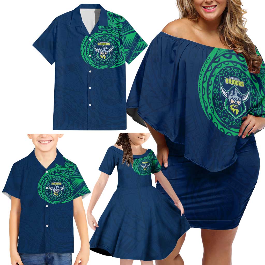 Personalized Canberra Raiders Family Matching Off Shoulder Short Dress and Hawaiian Shirt Polynesian Tribal Chest and Sleeve Tattoo