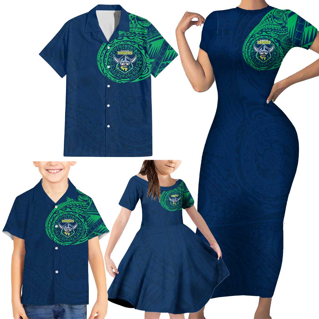 Personalized Canberra Raiders Family Matching Short Sleeve Bodycon Dress and Hawaiian Shirt Polynesian Tribal Chest and Sleeve Tattoo