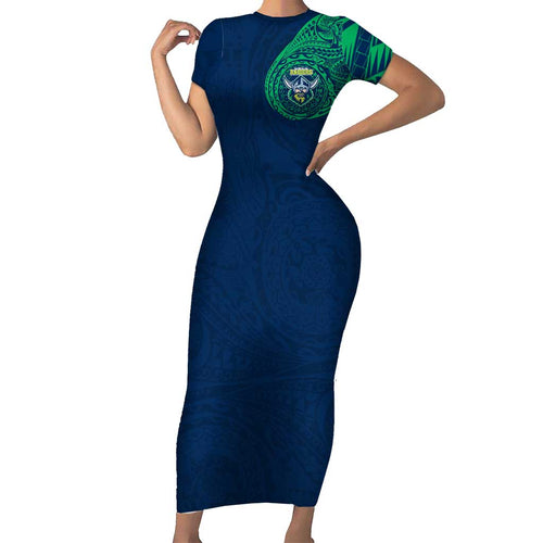 Personalized Canberra Raiders Family Matching Short Sleeve Bodycon Dress and Hawaiian Shirt Polynesian Tribal Chest and Sleeve Tattoo