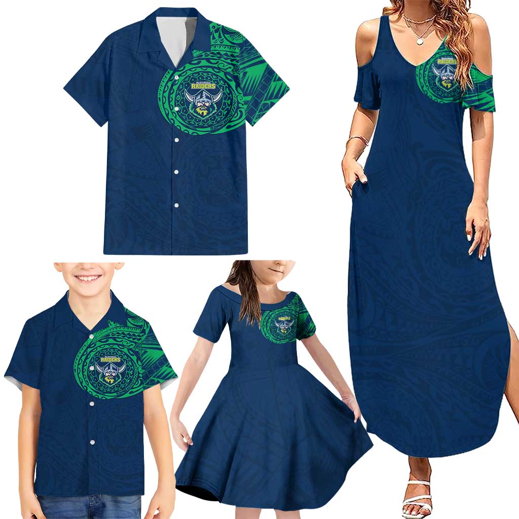 Personalized Canberra Raiders Family Matching Summer Maxi Dress and Hawaiian Shirt Polynesian Tribal Chest and Sleeve Tattoo