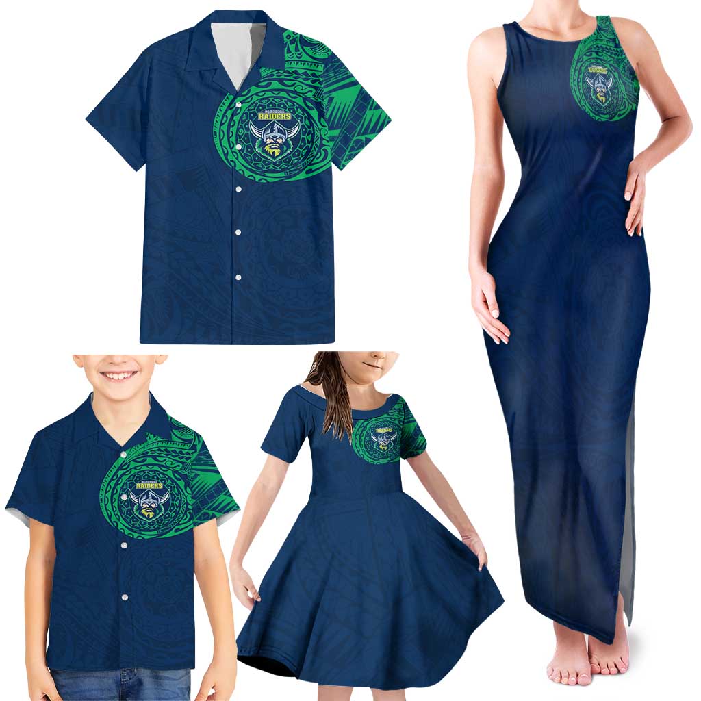 Personalized Canberra Raiders Family Matching Tank Maxi Dress and Hawaiian Shirt Polynesian Tribal Chest and Sleeve Tattoo