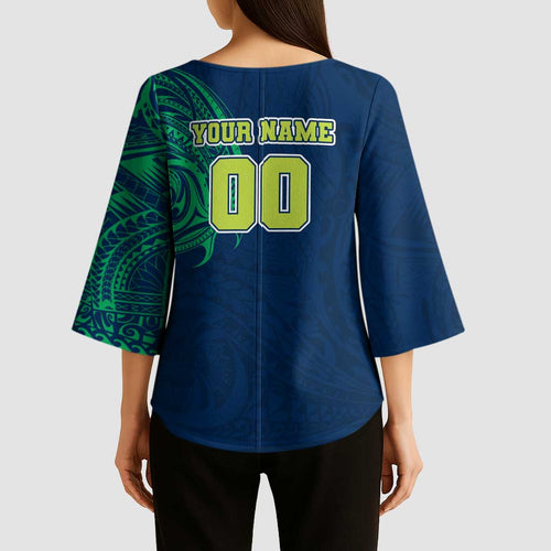 Personalized Canberra Raiders Kimono Sleeve Blouse Polynesian Tribal Chest and Sleeve Tattoo