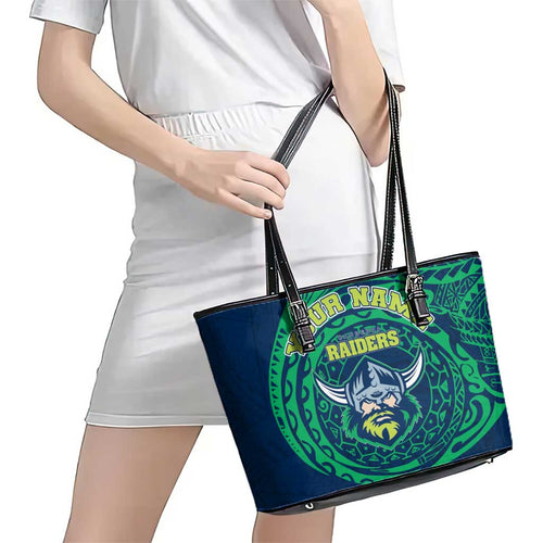 Personalized Canberra Raiders Leather Tote Bag Polynesian Tribal Chest and Sleeve Tattoo