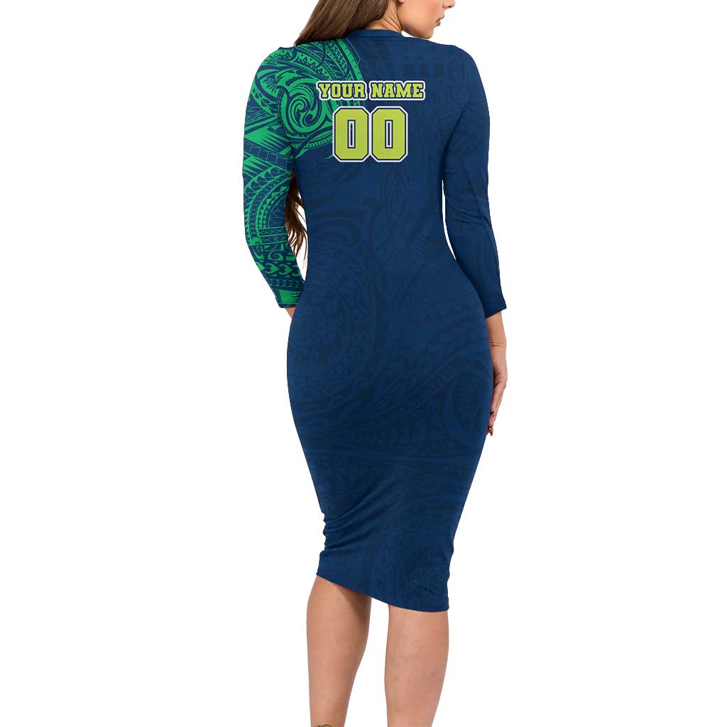 Personalized Canberra Raiders Long Sleeve Bodycon Dress Polynesian Tribal Chest and Sleeve Tattoo