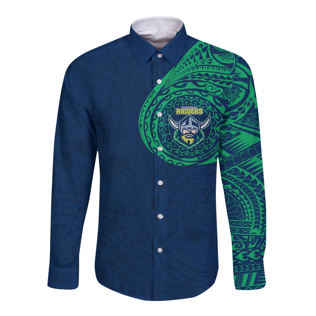 Personalized Canberra Raiders Long Sleeve Button Shirt Polynesian Tribal Chest and Sleeve Tattoo