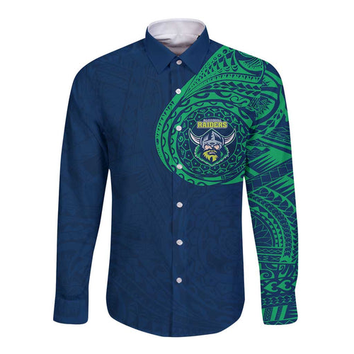 Personalized Canberra Raiders Long Sleeve Button Shirt Polynesian Tribal Chest and Sleeve Tattoo