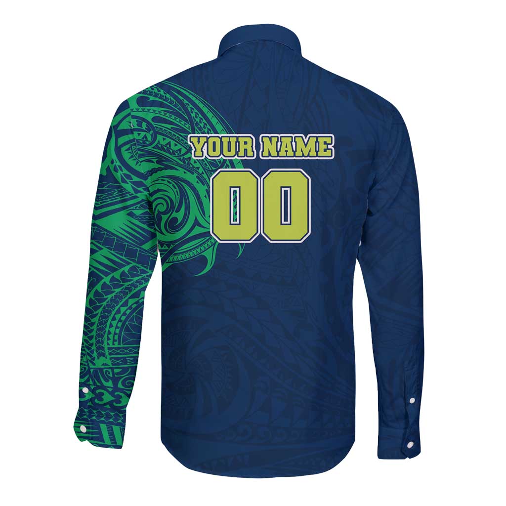 Personalized Canberra Raiders Long Sleeve Button Shirt Polynesian Tribal Chest and Sleeve Tattoo