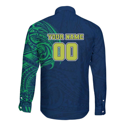 Personalized Canberra Raiders Long Sleeve Button Shirt Polynesian Tribal Chest and Sleeve Tattoo
