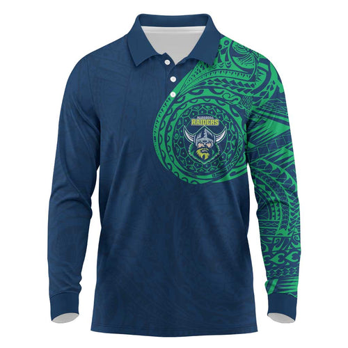 Personalized Canberra Raiders Long Sleeve Polo Shirt Polynesian Tribal Chest and Sleeve Tattoo