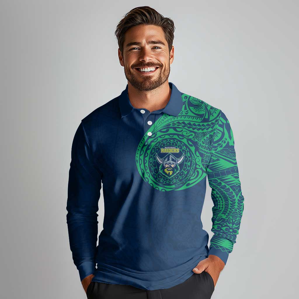Personalized Canberra Raiders Long Sleeve Polo Shirt Polynesian Tribal Chest and Sleeve Tattoo