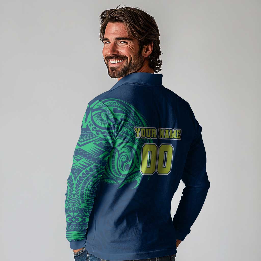 Personalized Canberra Raiders Long Sleeve Polo Shirt Polynesian Tribal Chest and Sleeve Tattoo