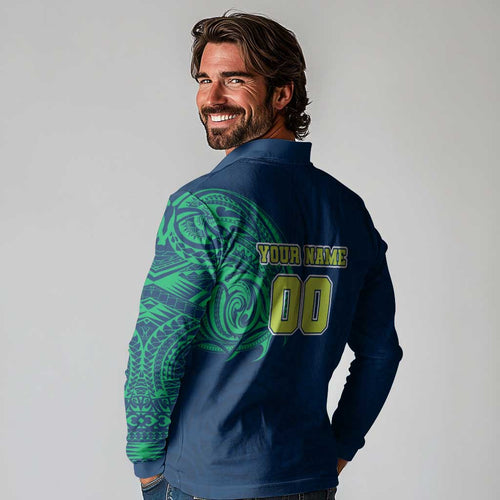 Personalized Canberra Raiders Long Sleeve Polo Shirt Polynesian Tribal Chest and Sleeve Tattoo