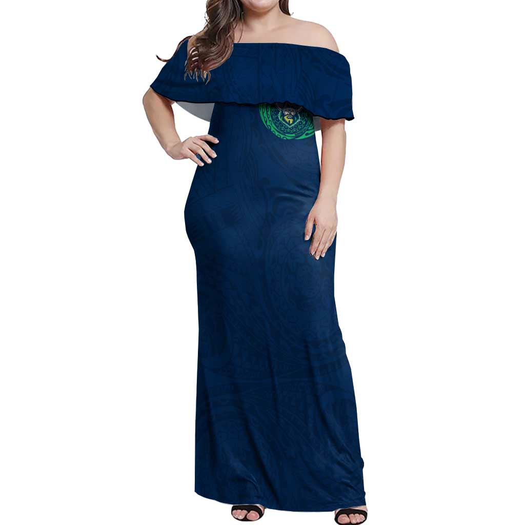 Personalized Canberra Raiders Off Shoulder Maxi Dress Polynesian Tribal Chest and Sleeve Tattoo