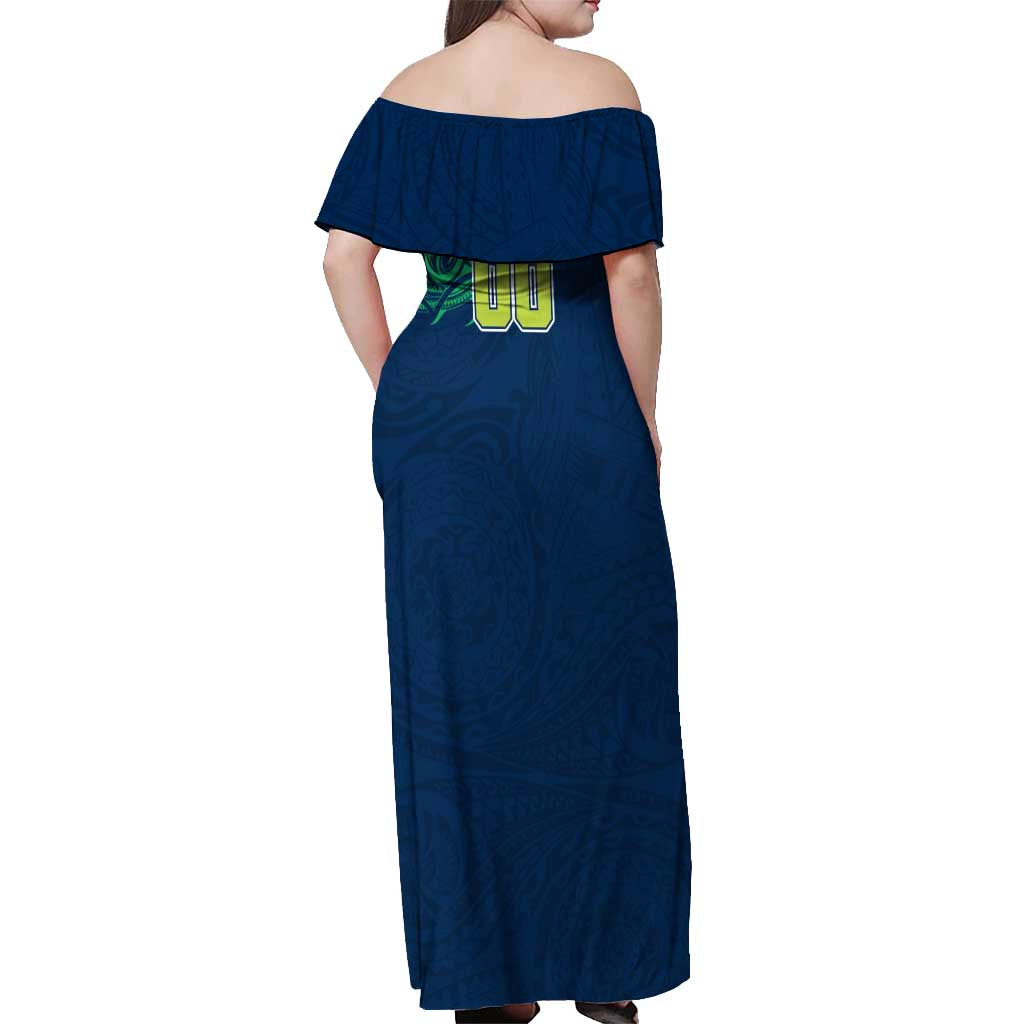 Personalized Canberra Raiders Off Shoulder Maxi Dress Polynesian Tribal Chest and Sleeve Tattoo