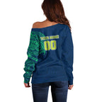 Personalized Canberra Raiders Off Shoulder Sweater Polynesian Tribal Chest and Sleeve Tattoo