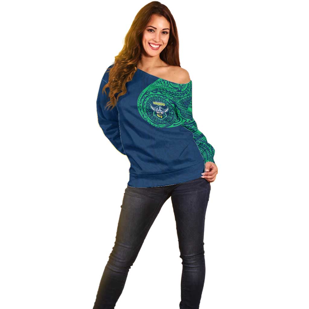 Personalized Canberra Raiders Off Shoulder Sweater Polynesian Tribal Chest and Sleeve Tattoo