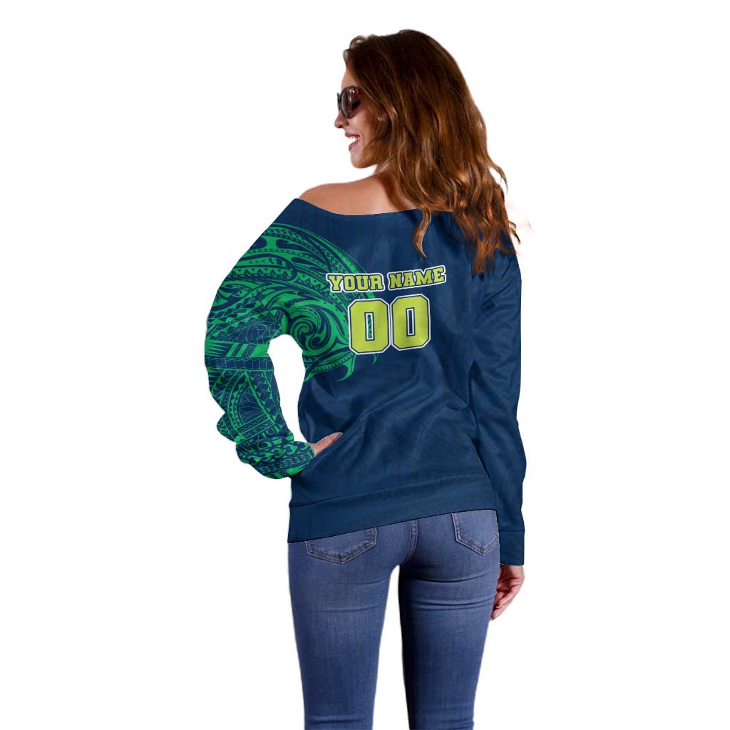 Personalized Canberra Raiders Off Shoulder Sweater Polynesian Tribal Chest and Sleeve Tattoo