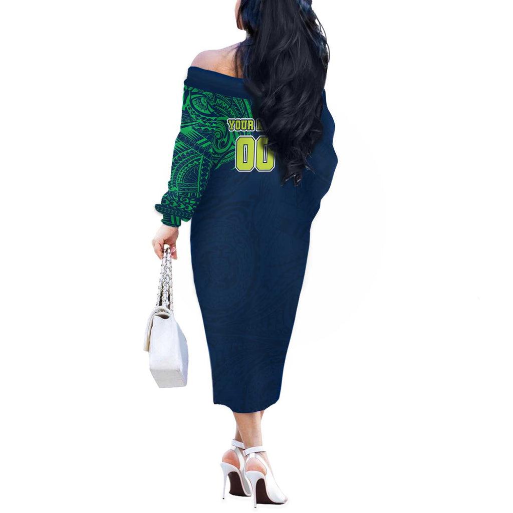 Personalized Canberra Raiders Off The Shoulder Long Sleeve Dress Polynesian Tribal Chest and Sleeve Tattoo