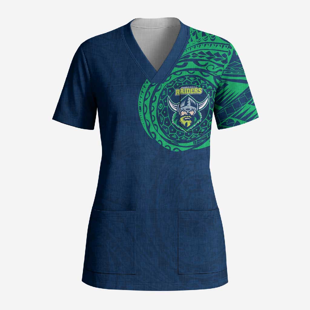 Personalized Canberra Raiders Scrub Top Polynesian Tribal Chest and Sleeve Tattoo